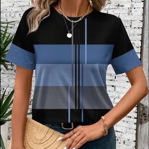 Women’s Casual Geometric Stripe Crewneck Short Sleeve Knit Top - Size XL - NWT - Picture 1 of 5